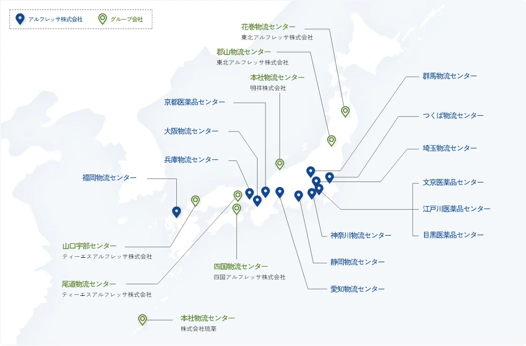 日本地図：アルフレッサ株式会社のグループ会社の所在地をピンで示しています。ピンの内容はこのあとの本文で説明しています。