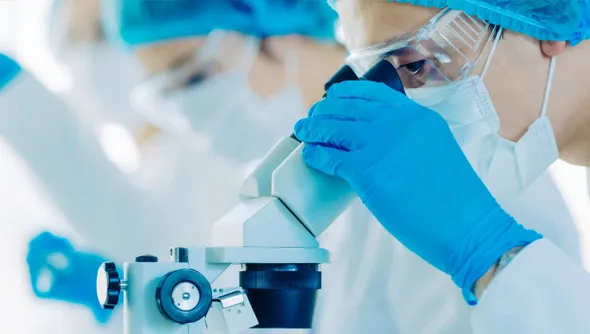 Photo:A male researcher looking through a microscope