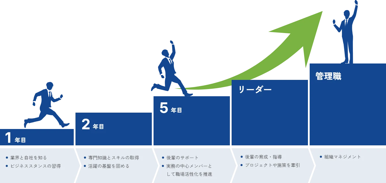 イラスト：新卒入社キャリアステップの図を示しています 内容はこのあとの本文で説明しています